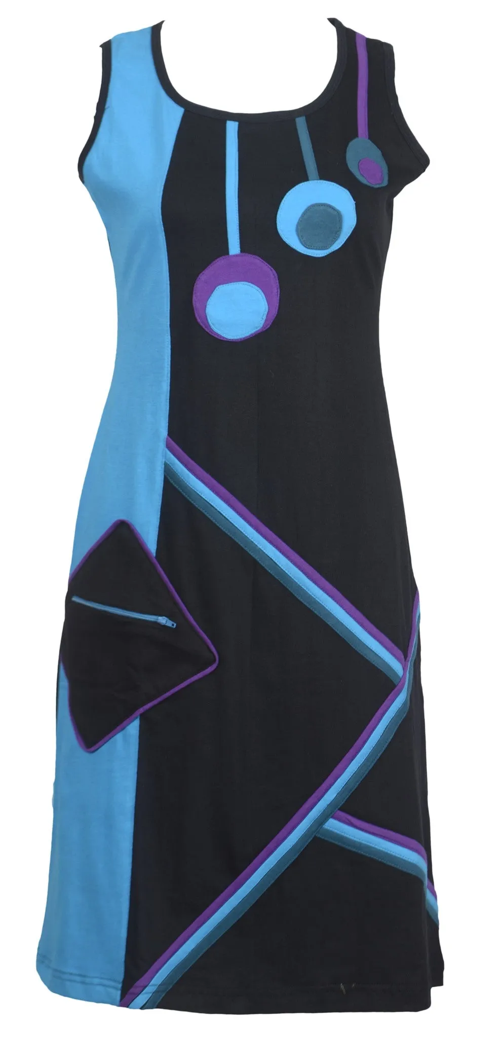 ladies-sleeveless-dress-colorful-piping-and-patch-design-with-front-zip-pocket-galaxy1-lmn-4066