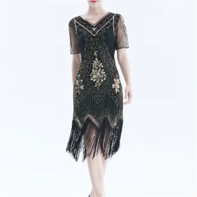 Lady's vintage 1920s sequins costume midi dress | Premium luxury retro tassels party dress