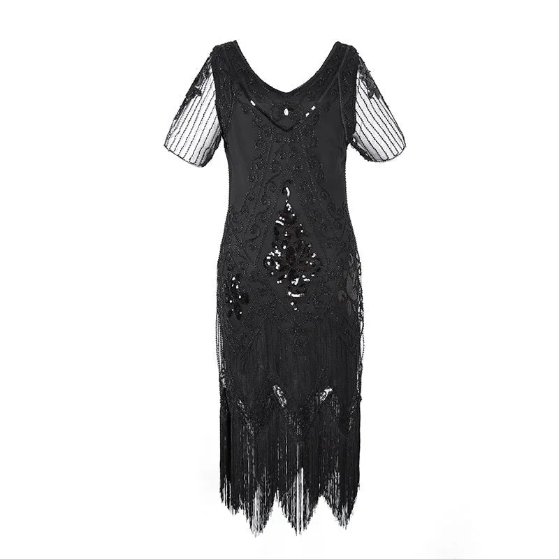 Lady's vintage 1920s sequins costume midi dress | Premium luxury retro tassels party dress