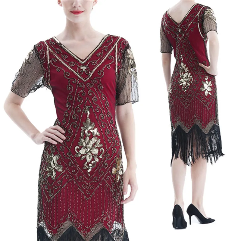 Lady's vintage 1920s sequins costume midi dress | Premium luxury retro tassels party dress