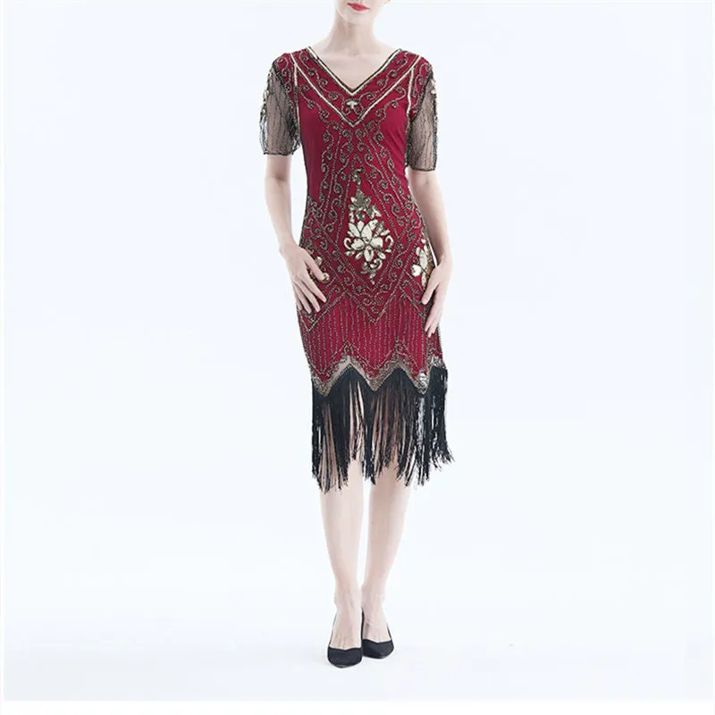 Lady's vintage 1920s sequins costume midi dress | Premium luxury retro tassels party dress