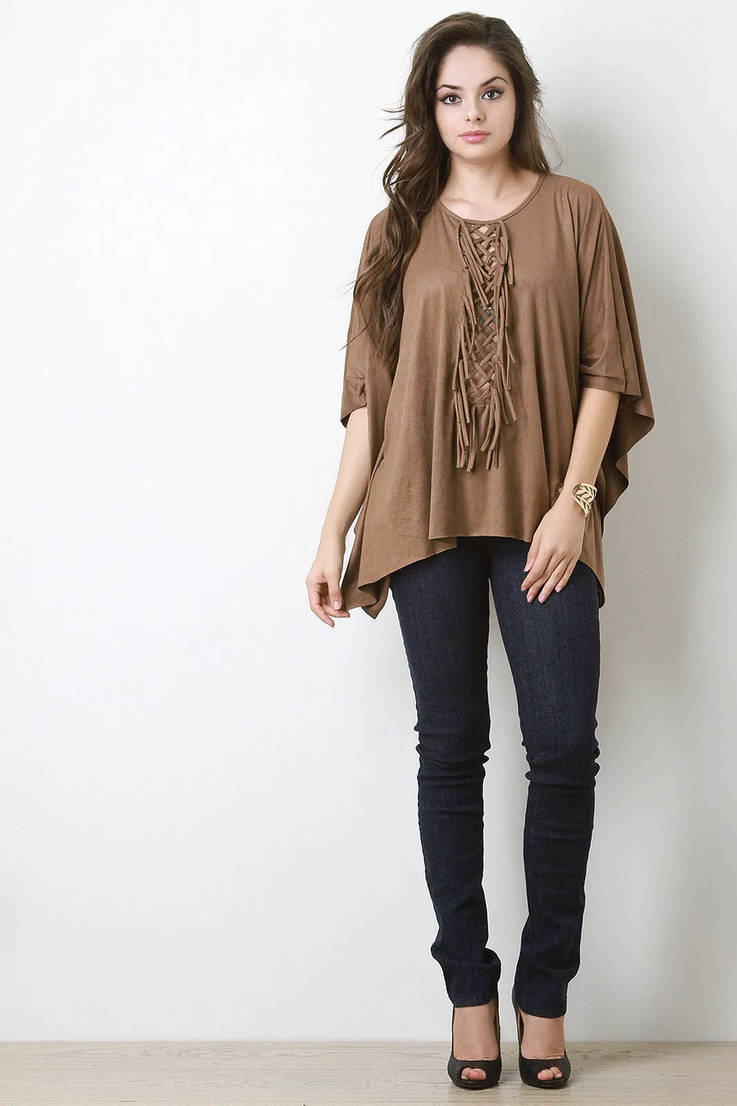 Lattice Panel Faux Suede Poncho Top