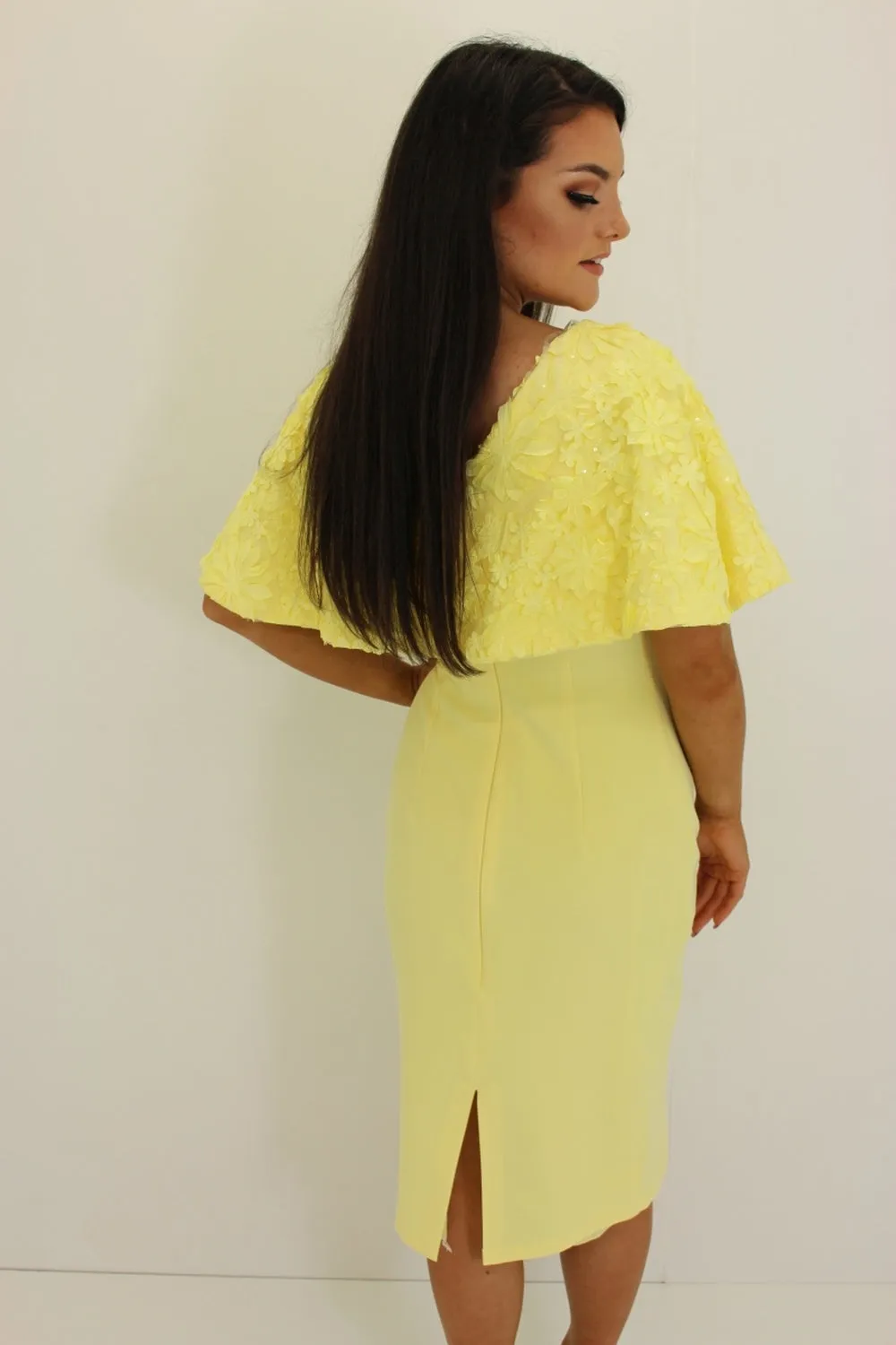 Lemon Floral Cape Style Midi Dress