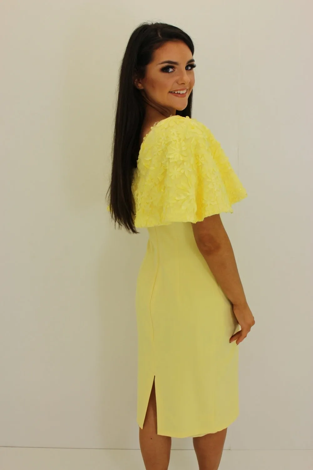 Lemon Floral Cape Style Midi Dress