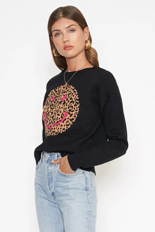 LEOPARD SMILEY KNIT SWEATER