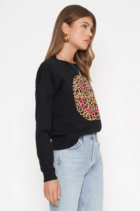 LEOPARD SMILEY KNIT SWEATER