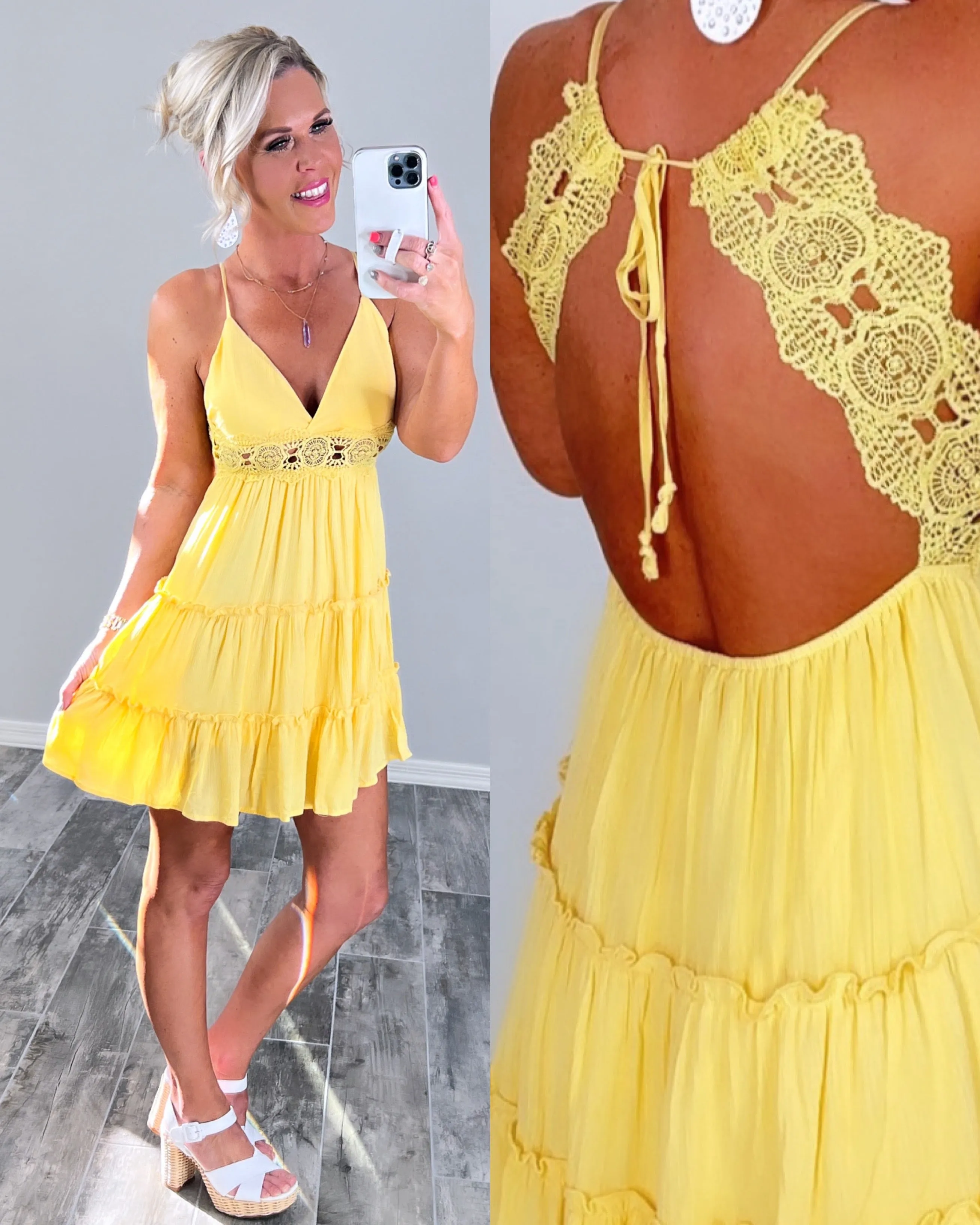 Life Is Great Lace Back Dress - Yellow