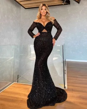 Long Off Shoulder Black Evening Gown