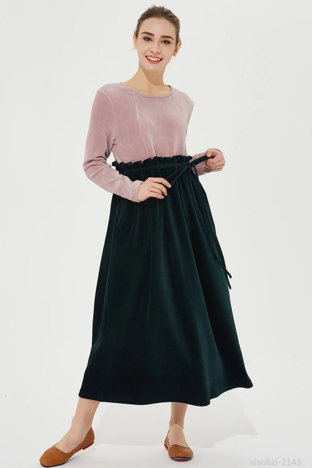 long sleeves corduroy dress, party dress with ruffles 2143