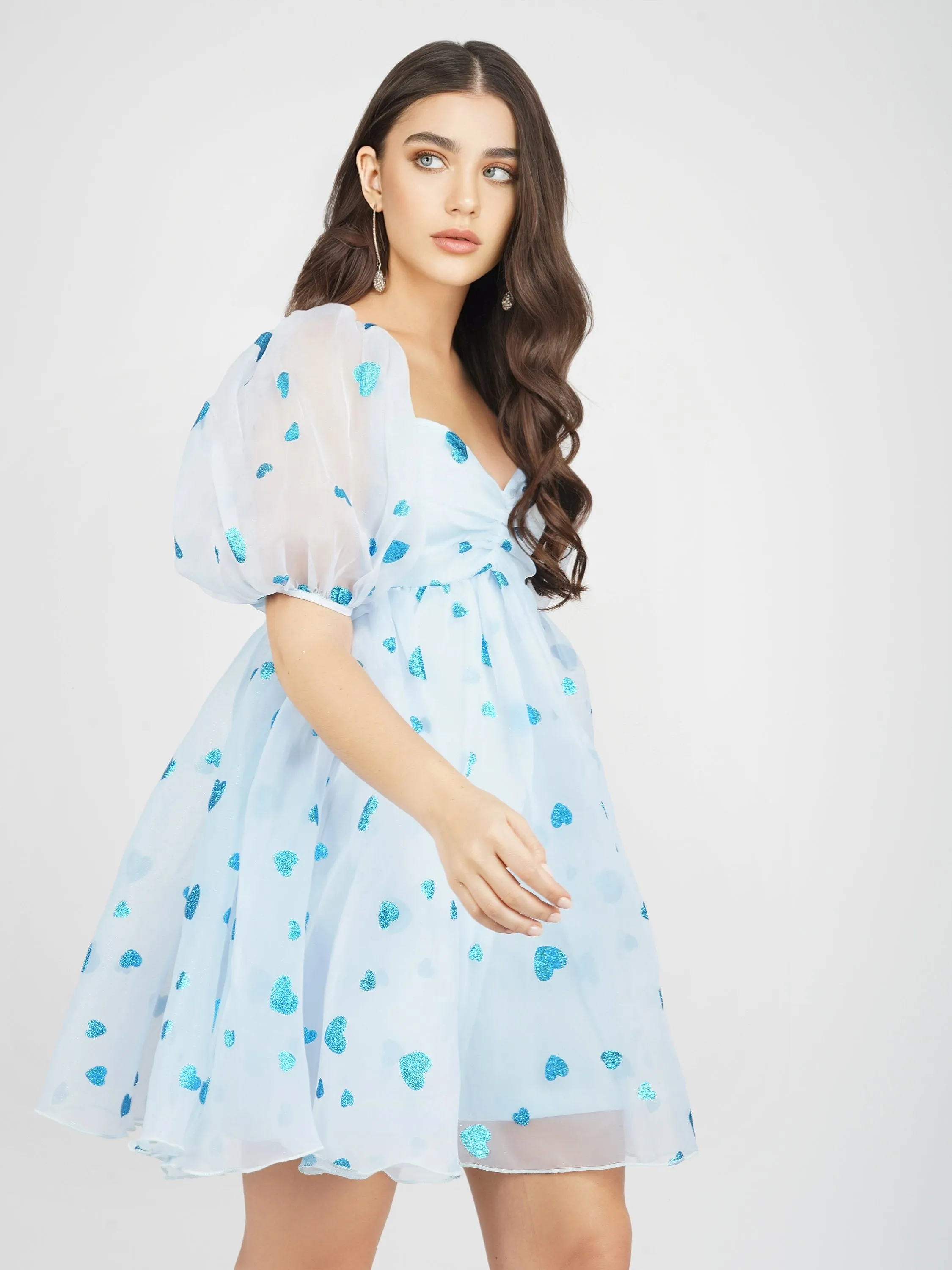 Melanie Puff Sleeve Dress in Blue Heart