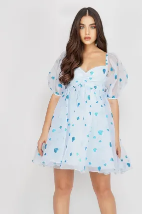 Melanie Puff Sleeve Dress in Blue Heart