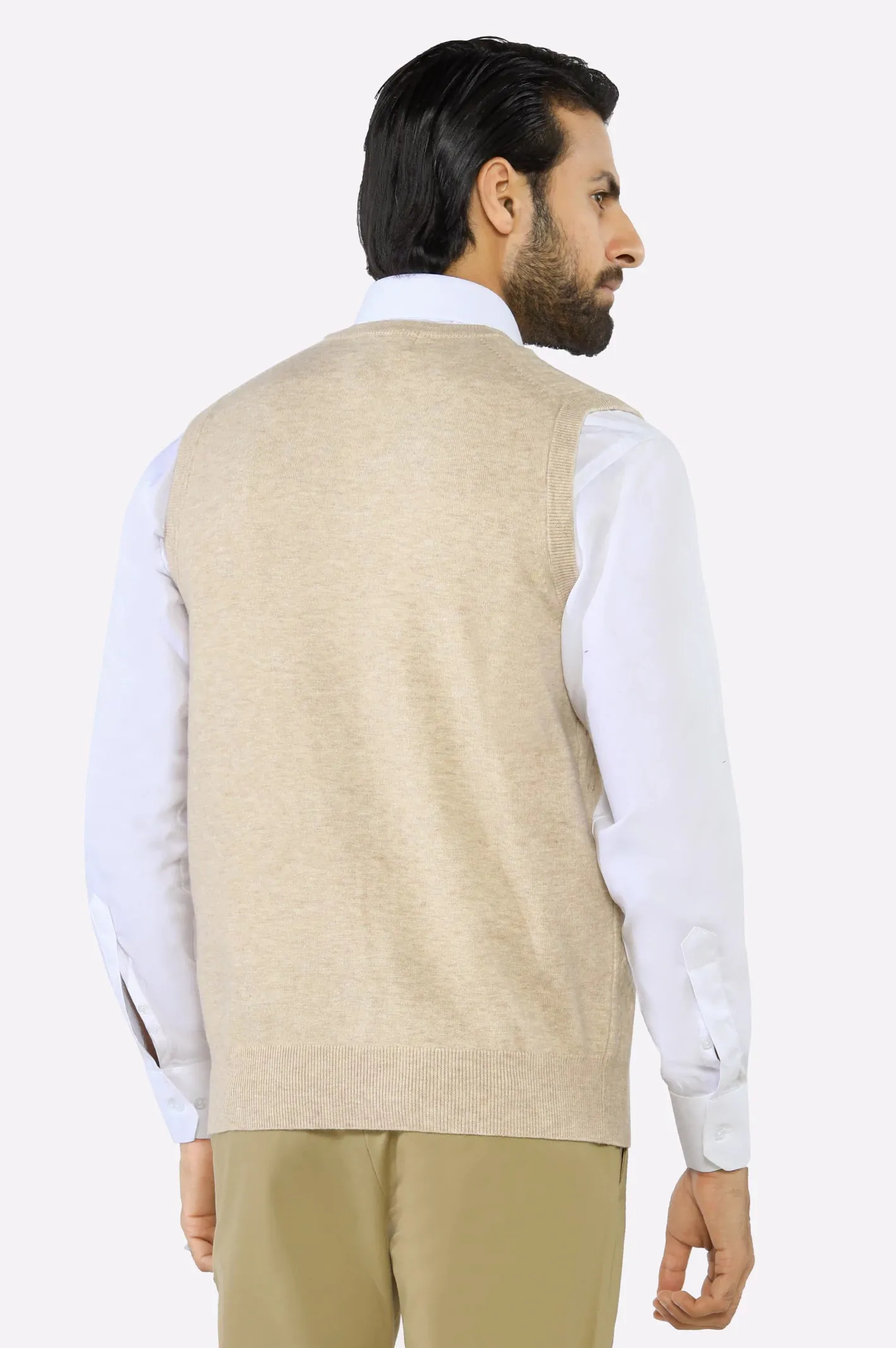 Men V-neck Beige Sleeveless Sweater