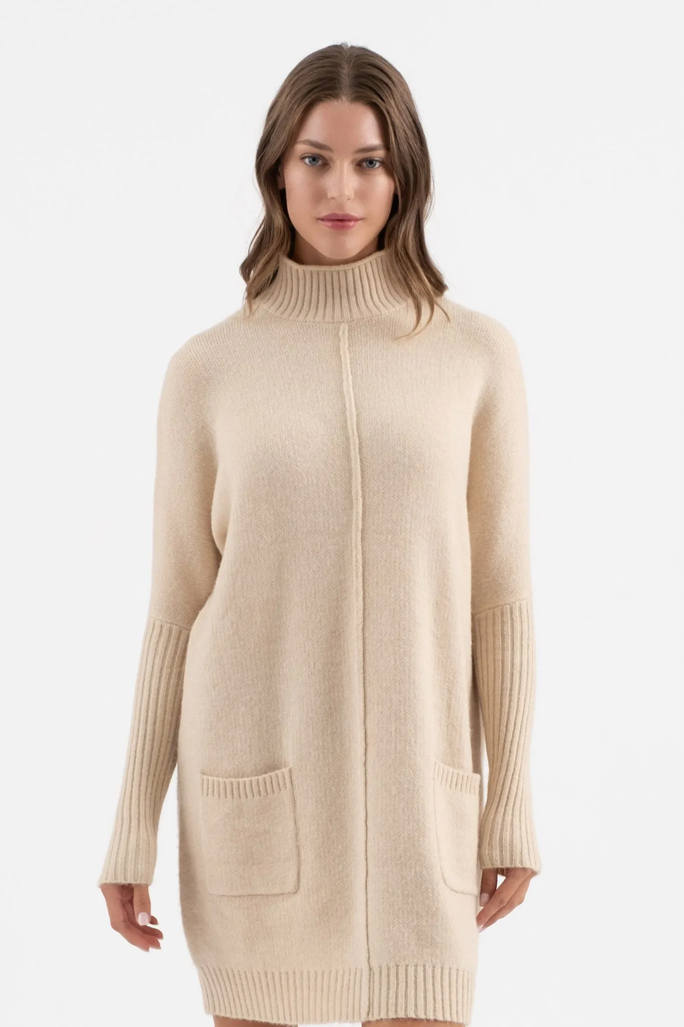 MOCK NECK FRONT SEAM KNIT SWEATER DRESS