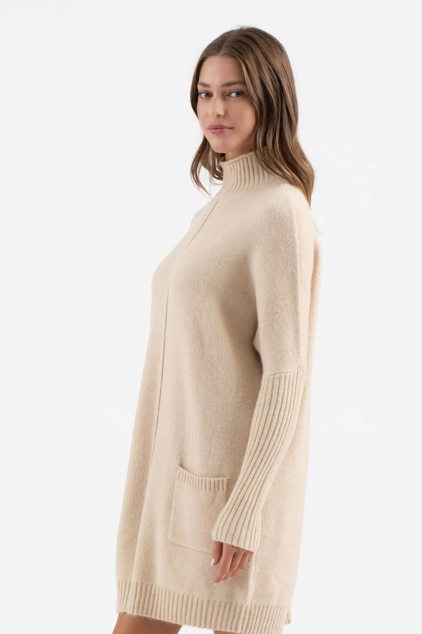 MOCK NECK FRONT SEAM KNIT SWEATER DRESS