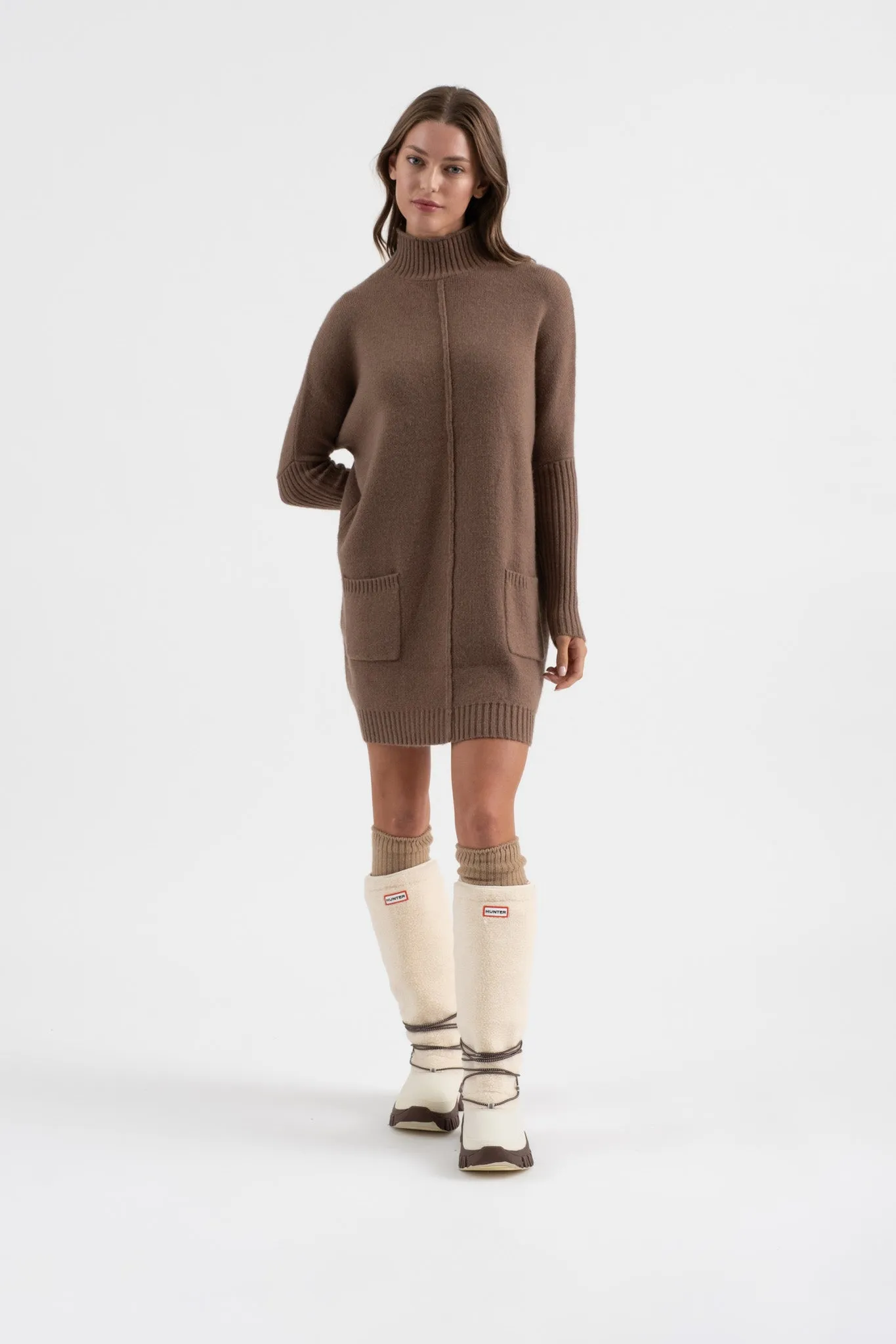 MOCK NECK FRONT SEAM KNIT SWEATER DRESS