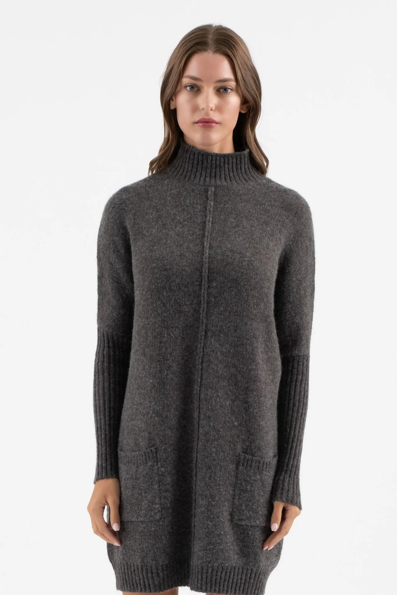 MOCK NECK FRONT SEAM KNIT SWEATER DRESS