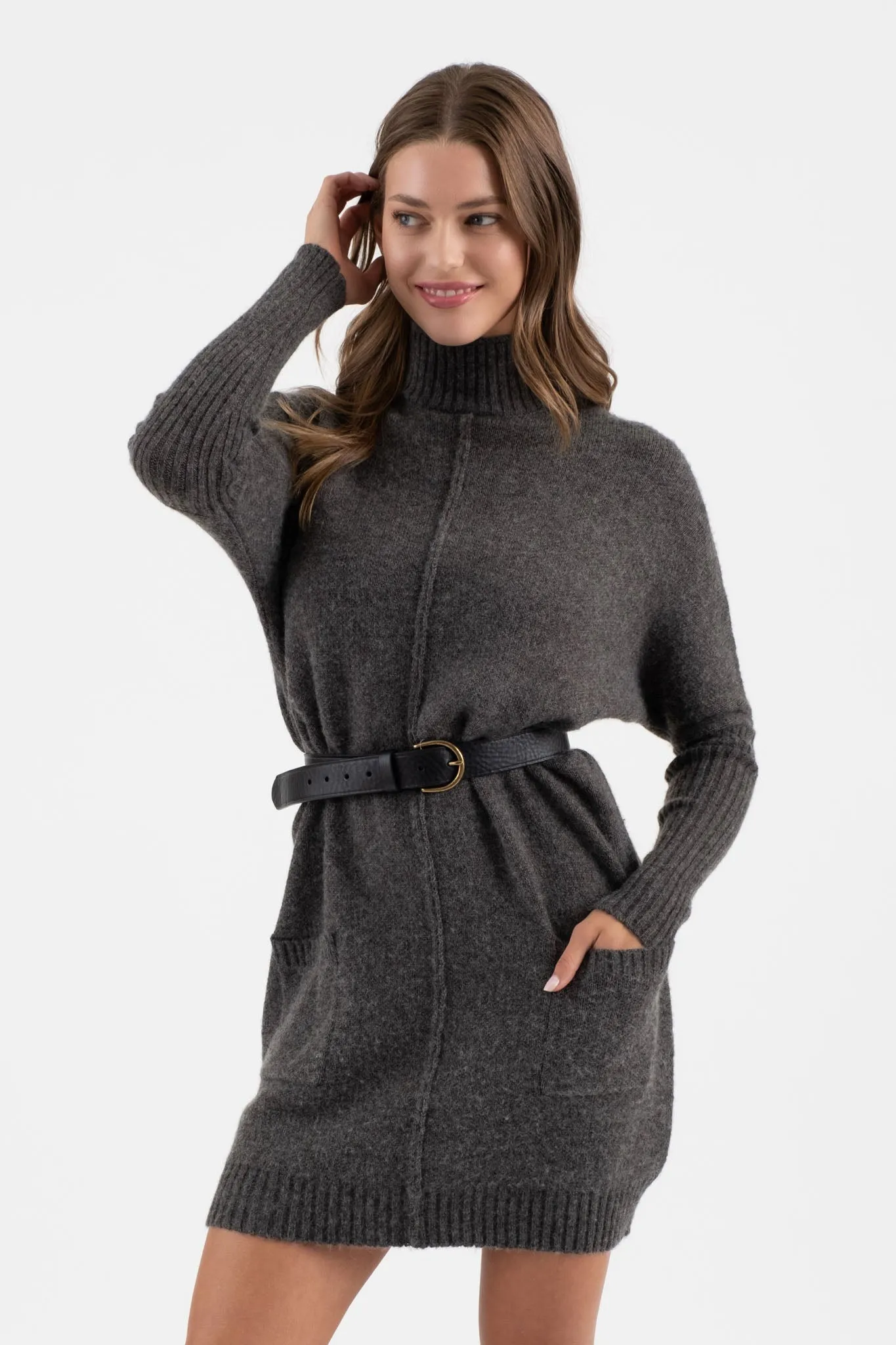 MOCK NECK FRONT SEAM KNIT SWEATER DRESS