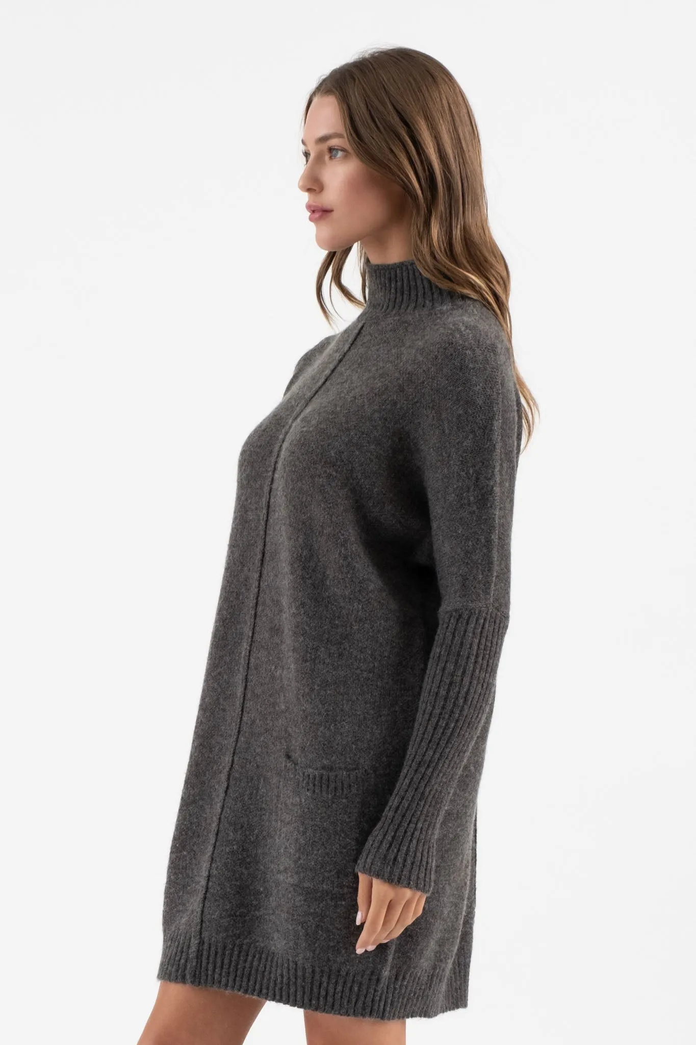 MOCK NECK FRONT SEAM KNIT SWEATER DRESS