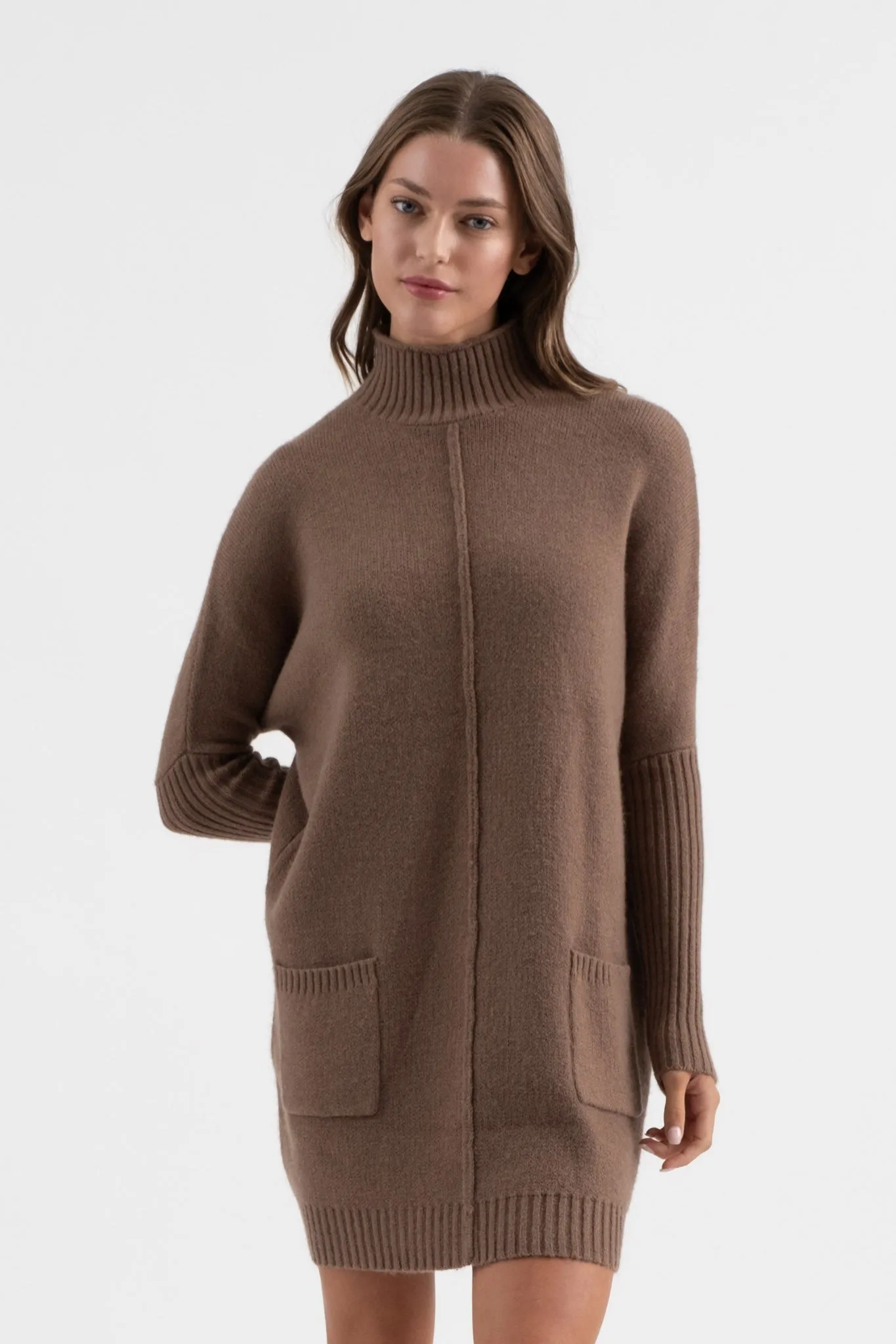 MOCK NECK FRONT SEAM KNIT SWEATER DRESS