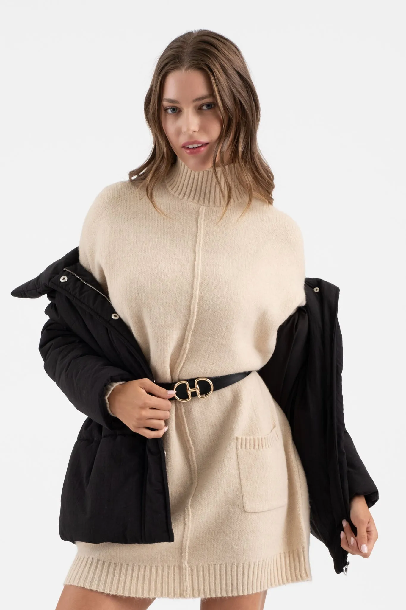 MOCK NECK FRONT SEAM KNIT SWEATER DRESS