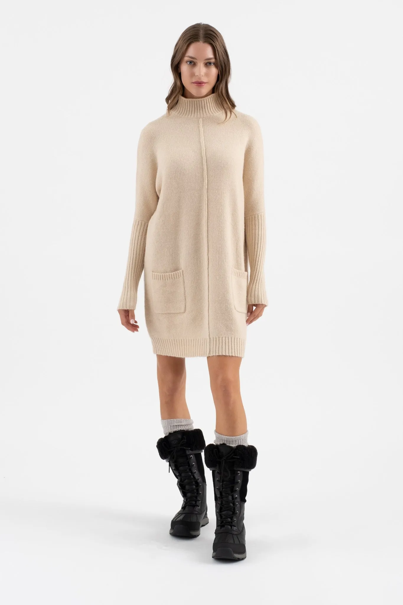 MOCK NECK FRONT SEAM KNIT SWEATER DRESS