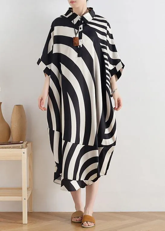 Modern black striped chiffon clothes For Women Fabrics lapel Batwing Sleeve long summer Dresses