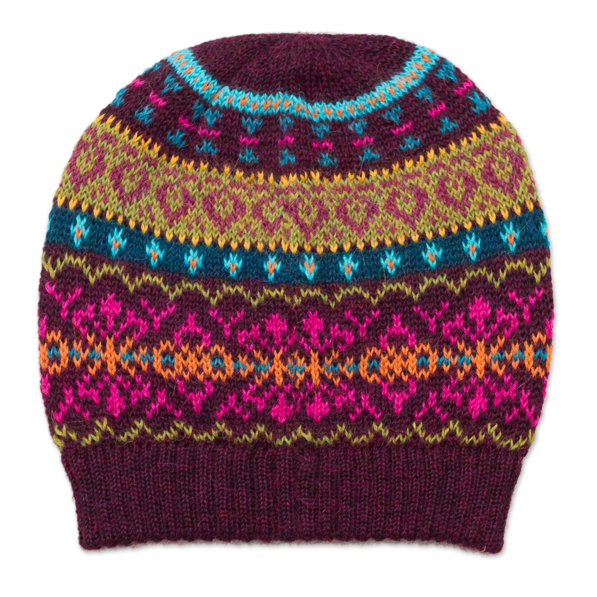 Multi-Color 100% Alpaca Knit Hat with Rows of Varying Motifs - Colorful Carousel | NOVICA