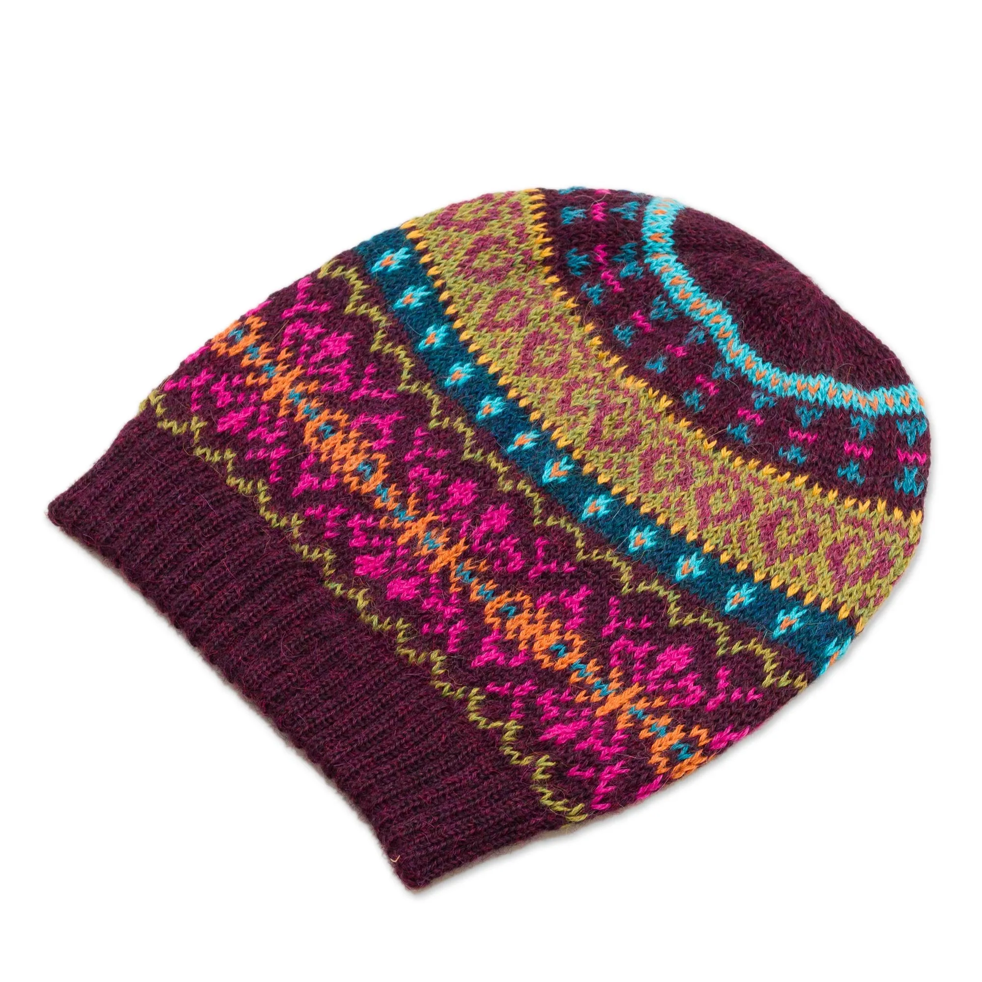 Multi-Color 100% Alpaca Knit Hat with Rows of Varying Motifs - Colorful Carousel | NOVICA