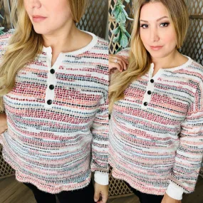 Multi-Color Knit Button Front Long Sleeve Top