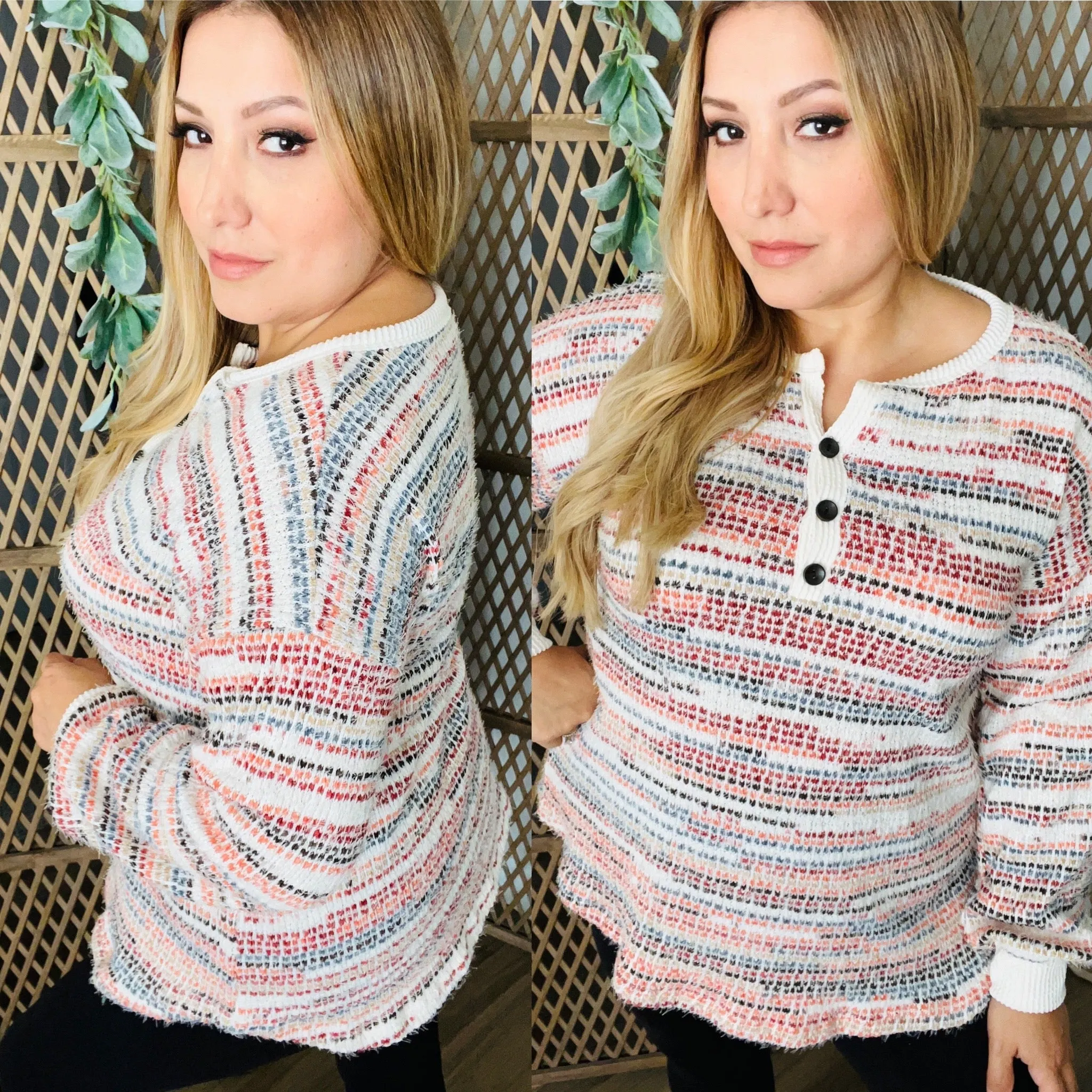 Multi-Color Knit Button Front Long Sleeve Top