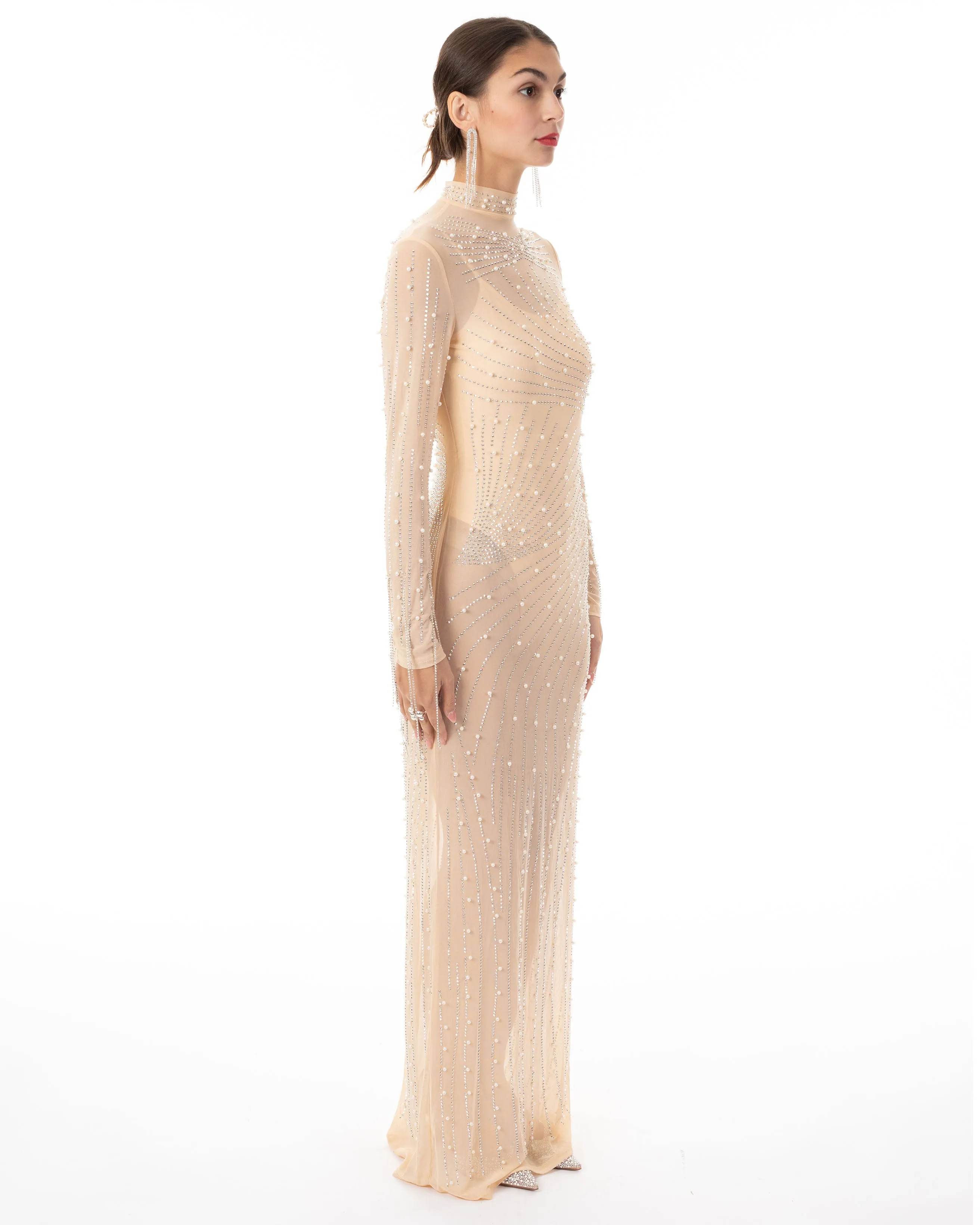 Multi Diamond and Pearls Embellished with Chain drop long sleeves dress in Beige