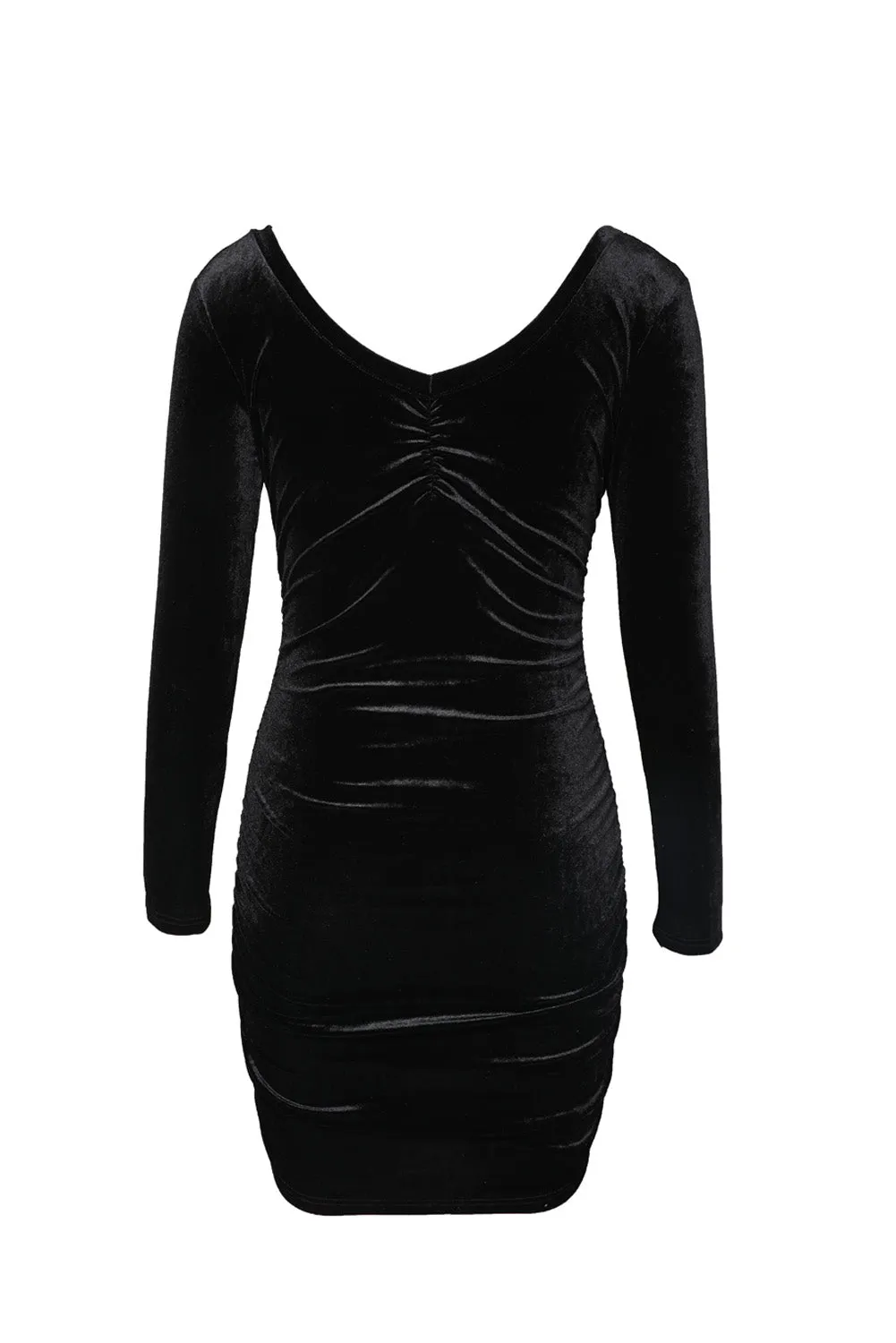 Naomi - Black Long Sleeve Ruched Velvet Dress