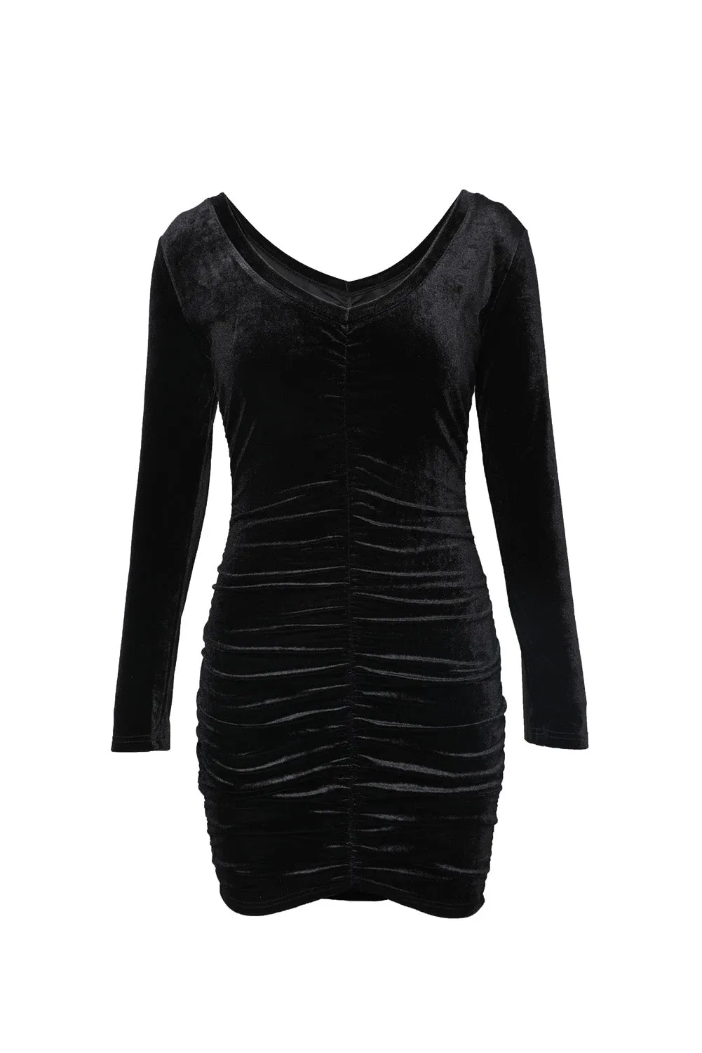 Naomi - Black Long Sleeve Ruched Velvet Dress