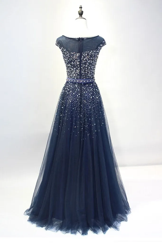 Navy Blue Shiny Sequins Round Neckline Tulle Party Dress, A-line Tulle Blue Evening Dress Prom Dress