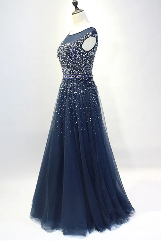 Navy Blue Shiny Sequins Round Neckline Tulle Party Dress, A-line Tulle Blue Evening Dress Prom Dress