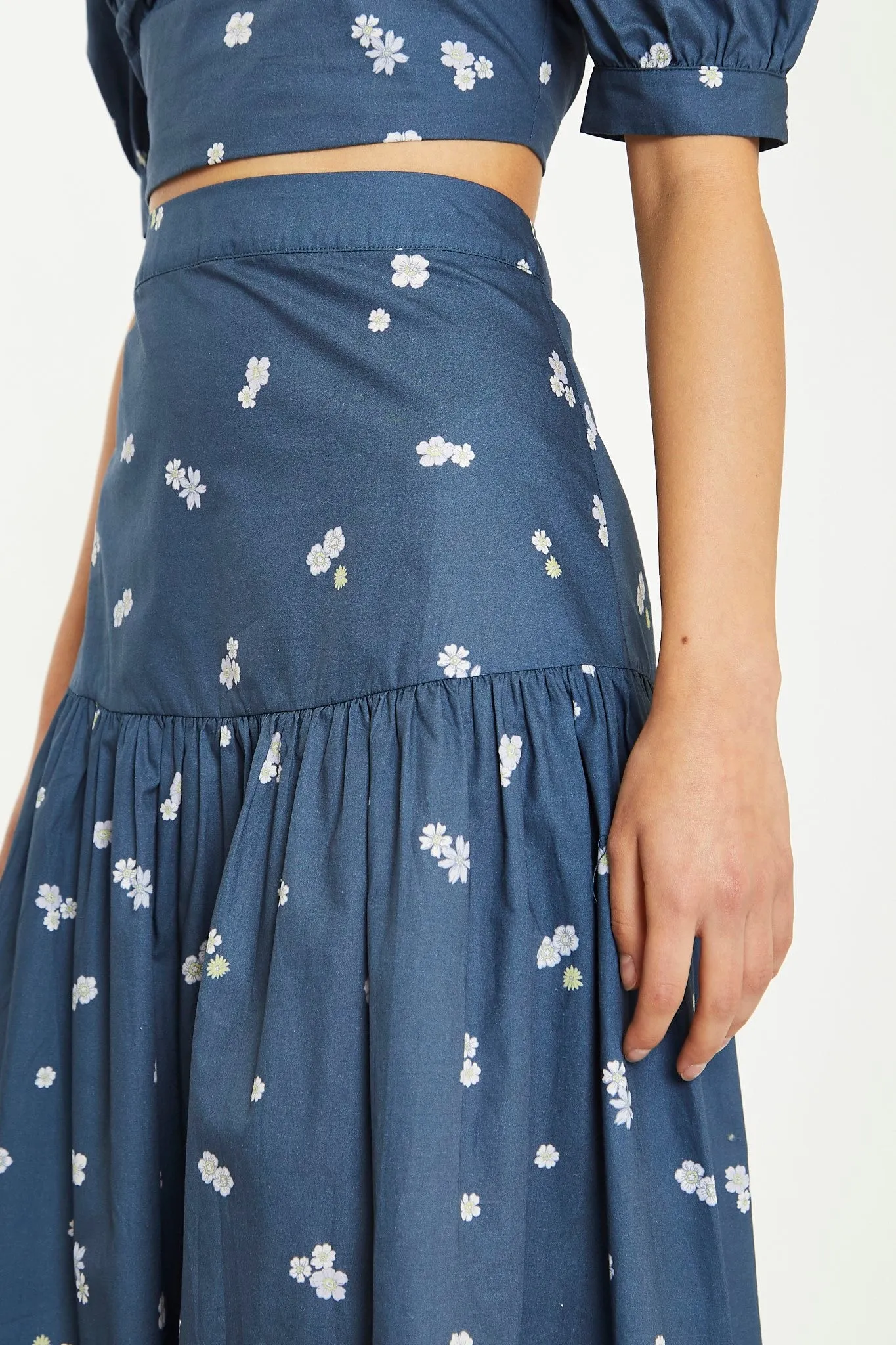 Navy Scattered Flower Midi Skirt