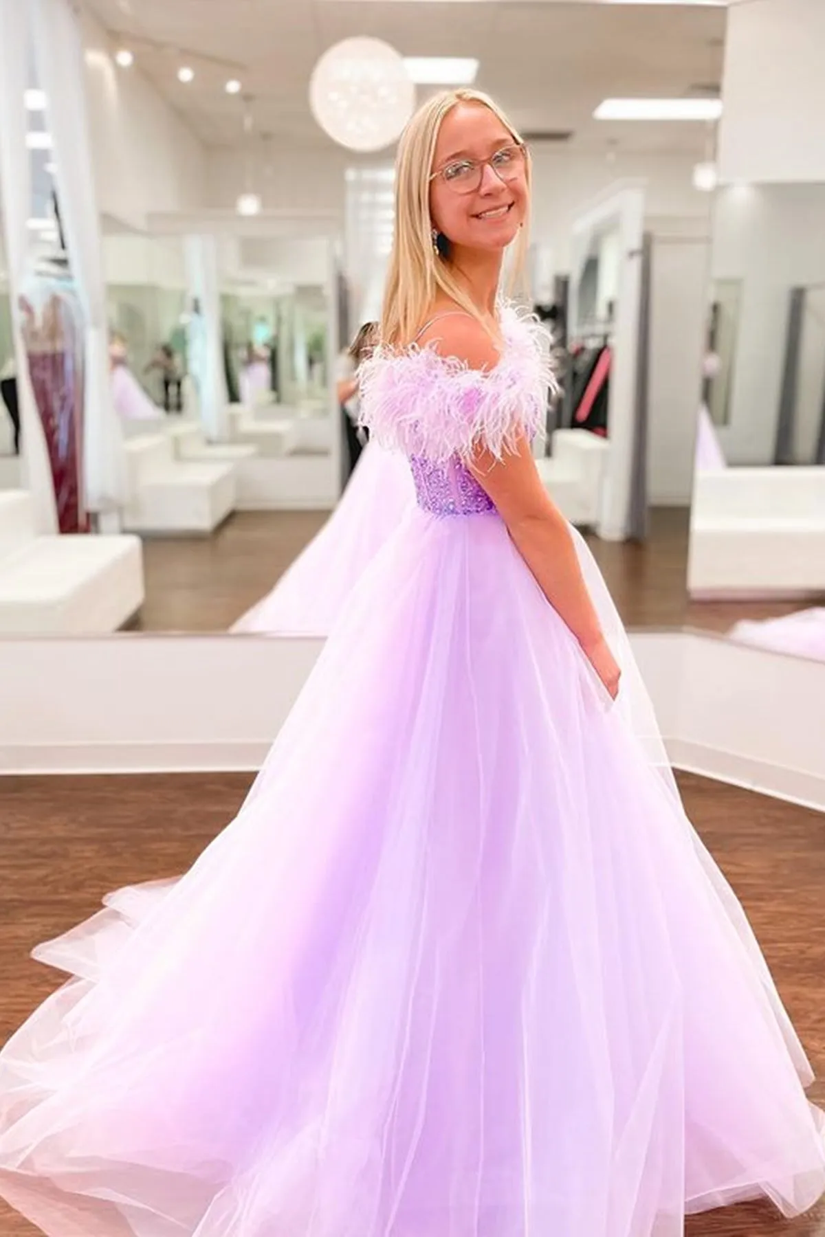 Off Shoulder Beaded Lilac Tulle Long Prom Dresses, Off the Shoulder Purple Formal Dresses, Purple Evening Dresses A1849