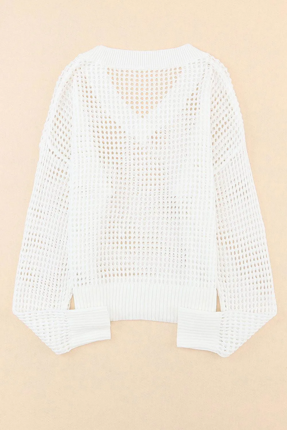 Openwork V-Neck Dropped Shoulder Knit Top - Casual Style