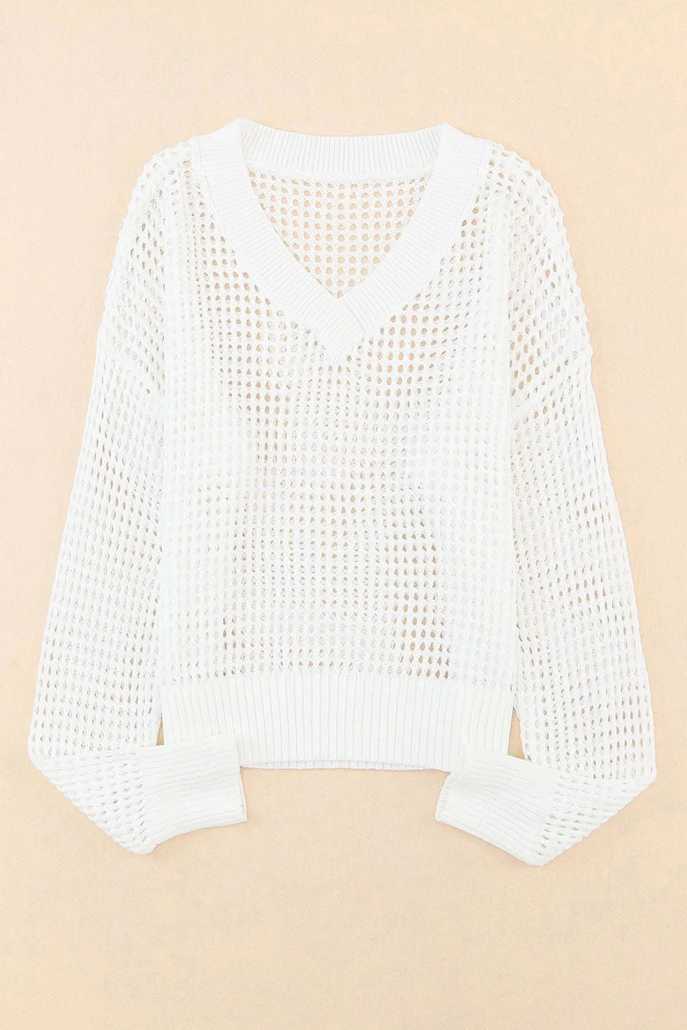 Openwork V-Neck Dropped Shoulder Knit Top - Casual Style