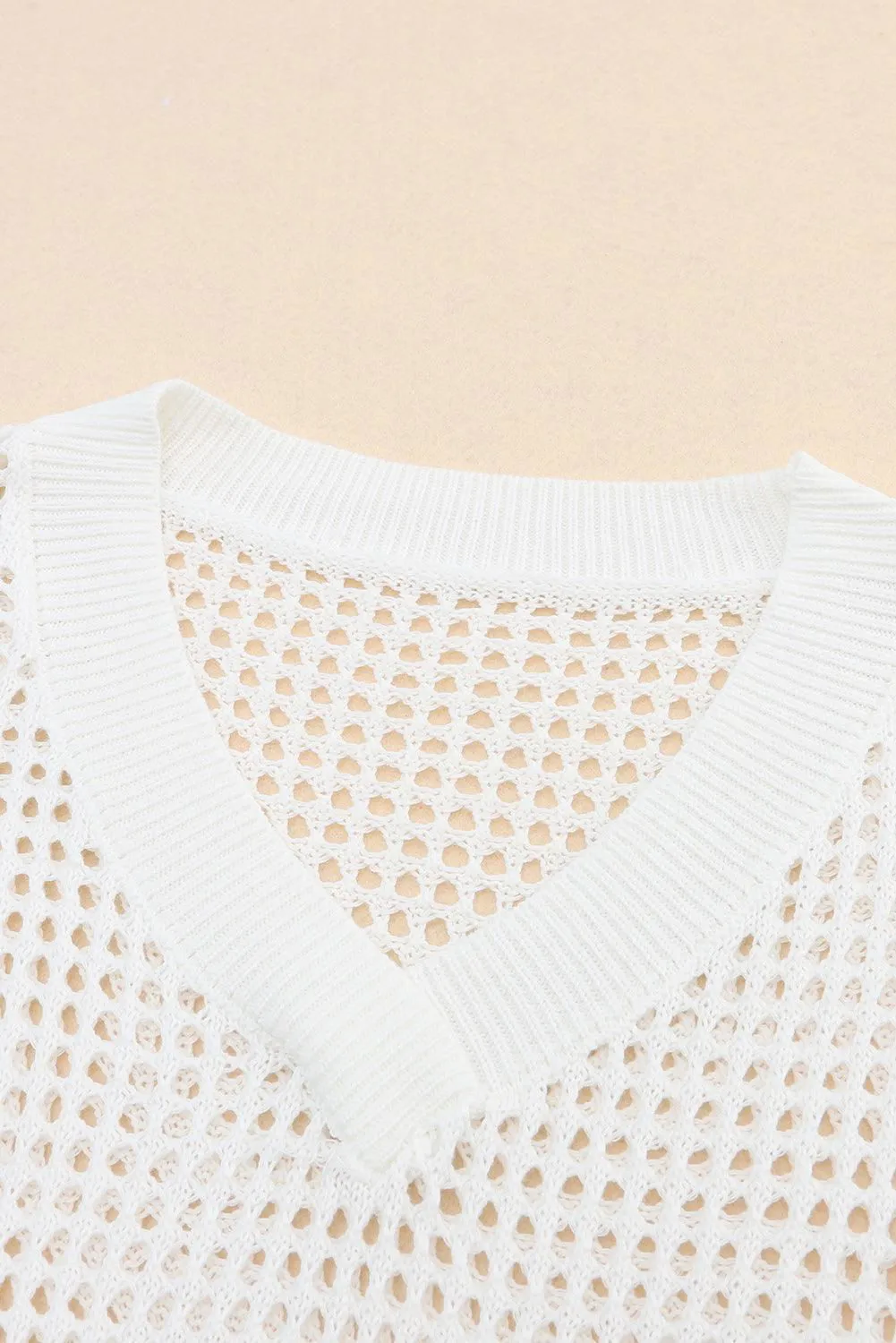 Openwork V-Neck Dropped Shoulder Knit Top - Casual Style