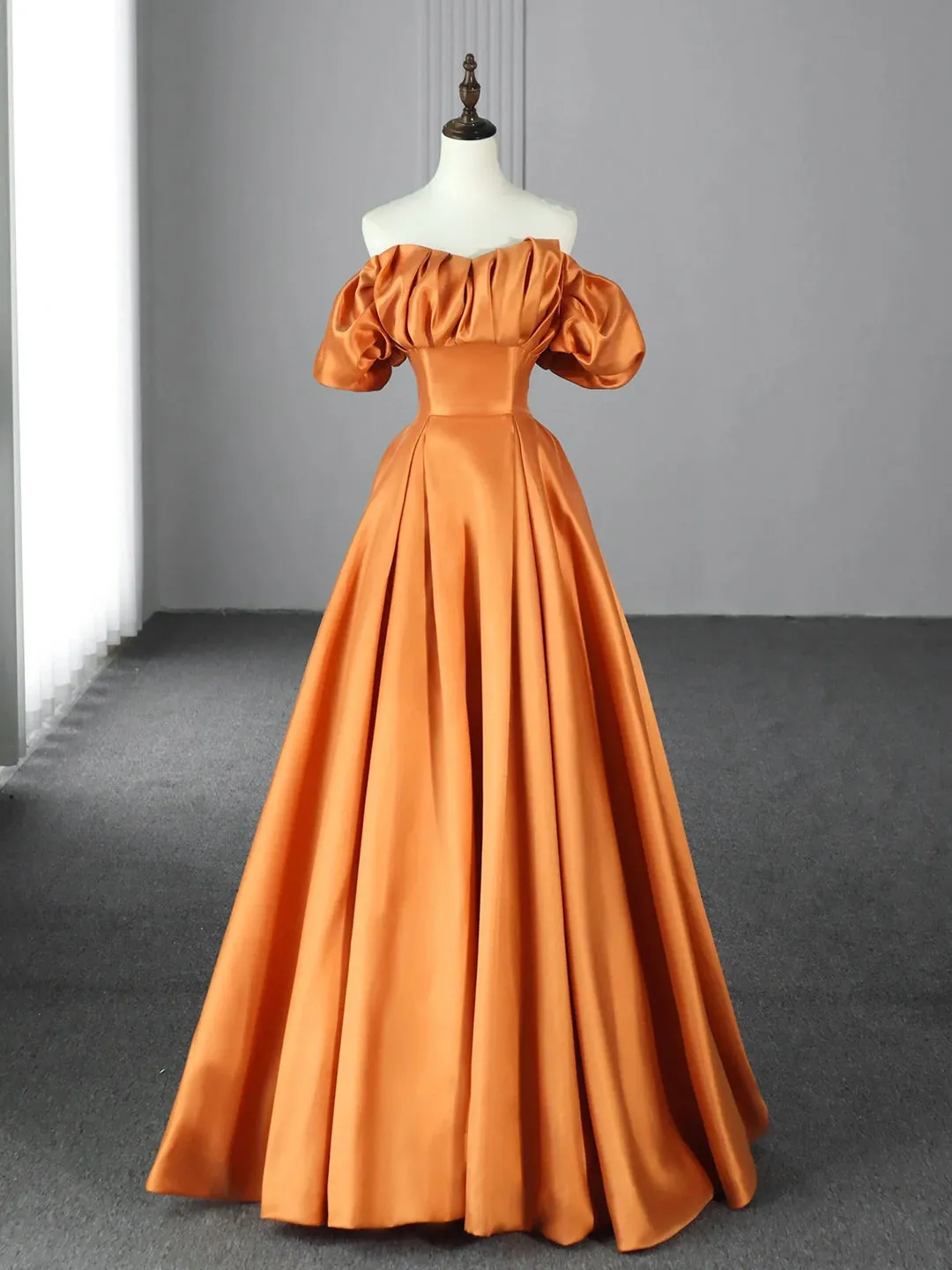 Orange Floor Length Satin Long Prom Dress, Off the Shoulder Evening Party Dress