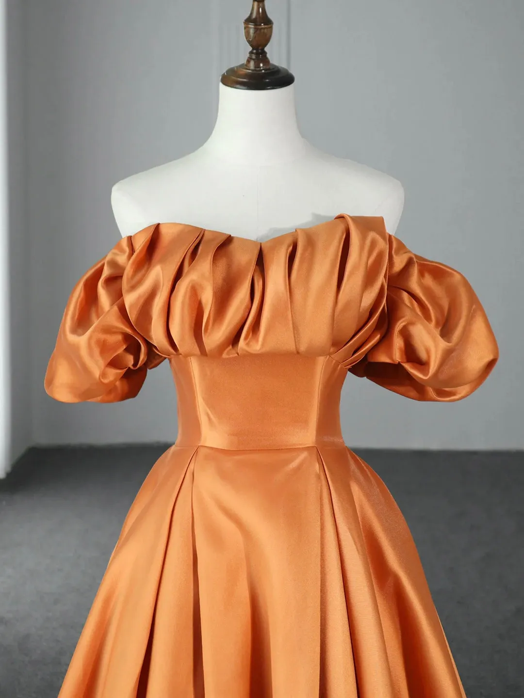 Orange Floor Length Satin Long Prom Dress, Off the Shoulder Evening Party Dress