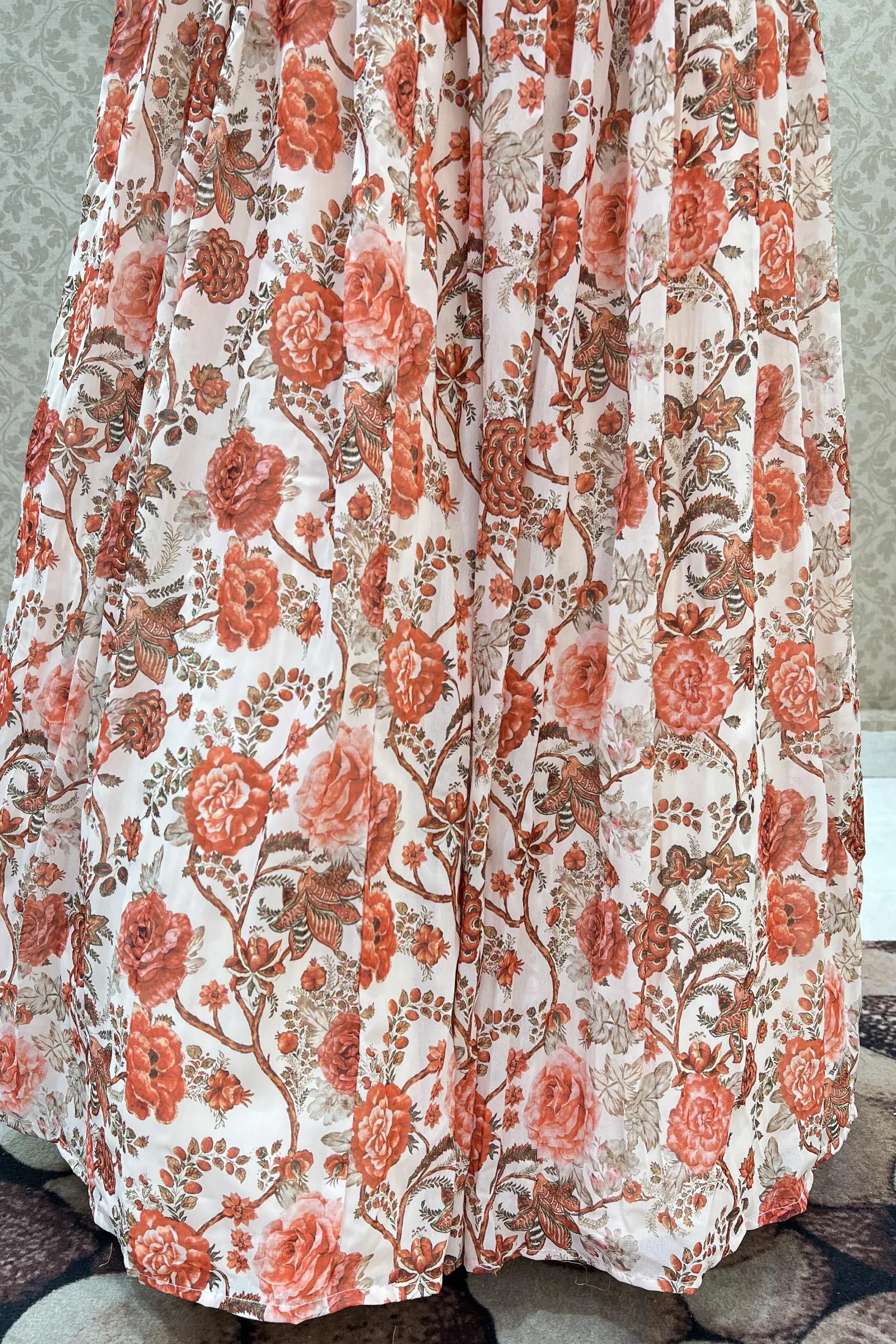 Peach Floral Print Poncho Style Floor Length Anarkali Gown