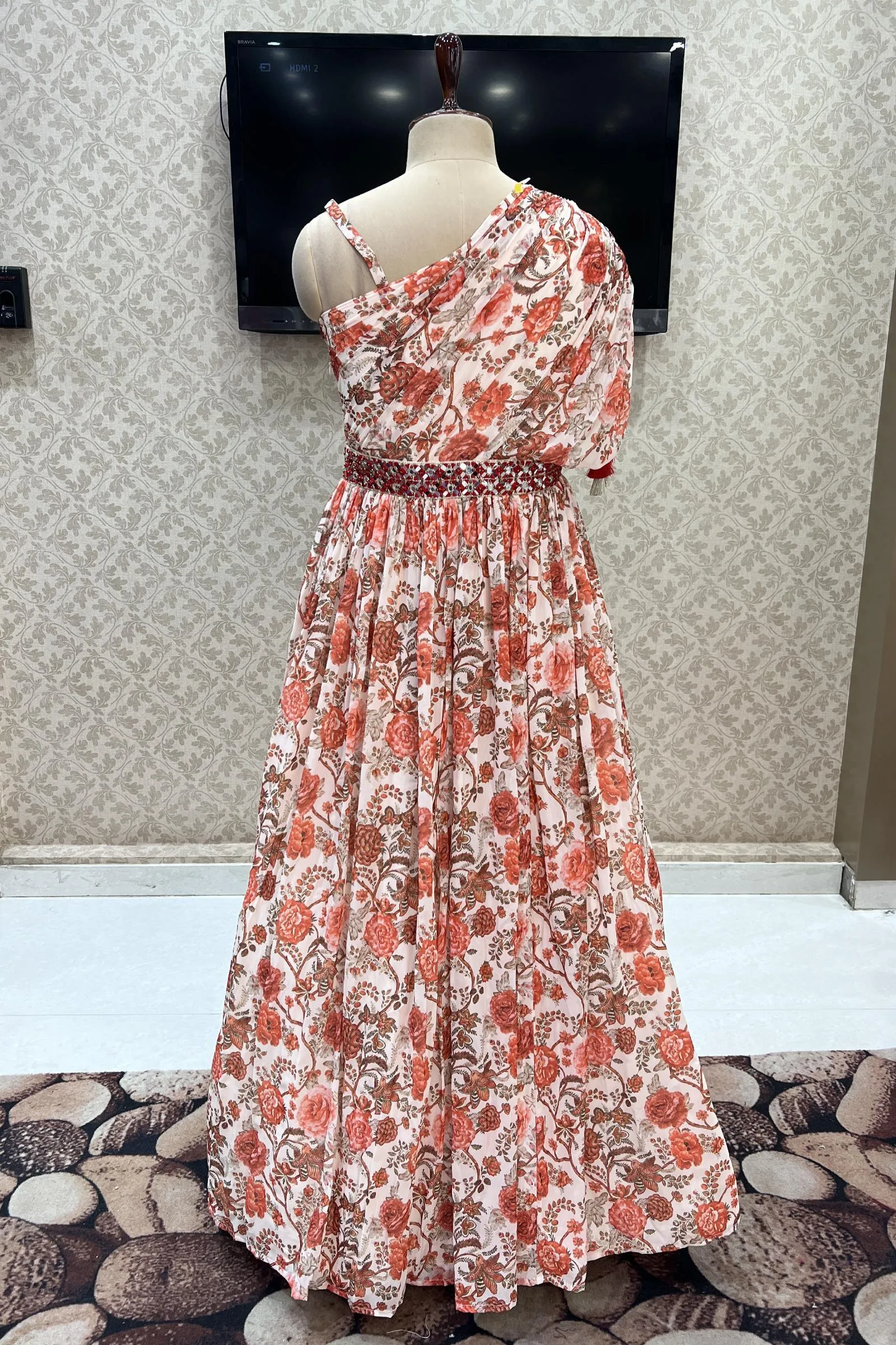 Peach Floral Print Poncho Style Floor Length Anarkali Gown