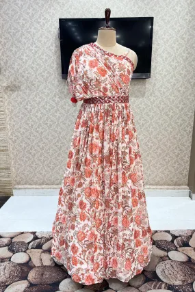 Peach Floral Print Poncho Style Floor Length Anarkali Gown