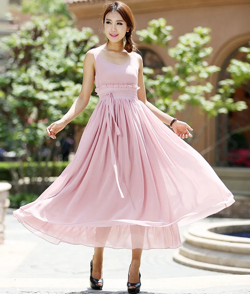 Pink chiffon dress - women long prom dress maxi bridesmaid dress - Custom made (1008)