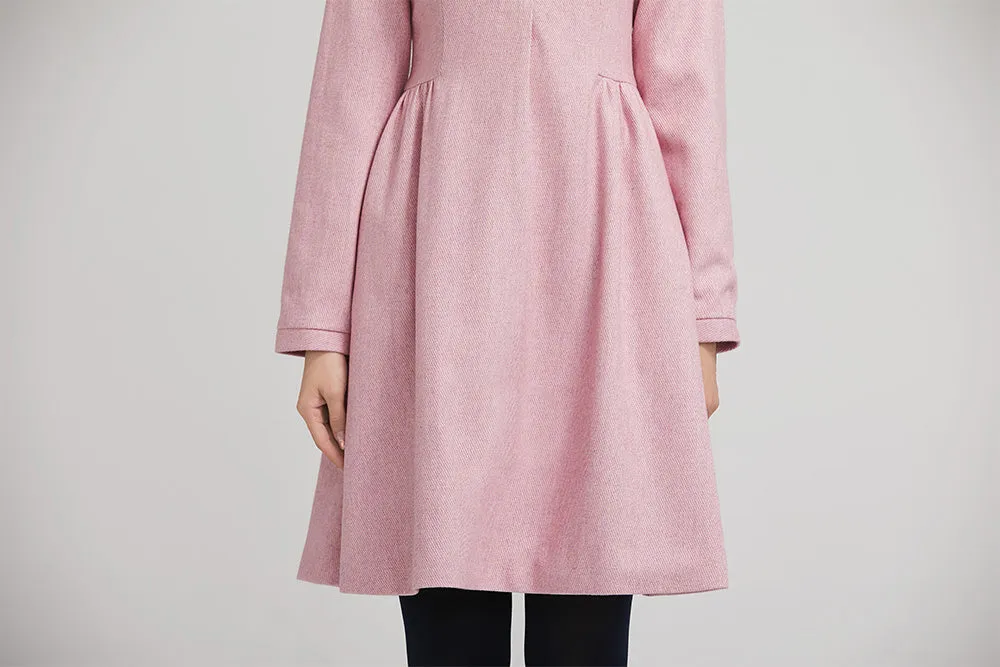 pink short wool winter dress with long sleeves and pockets 2240