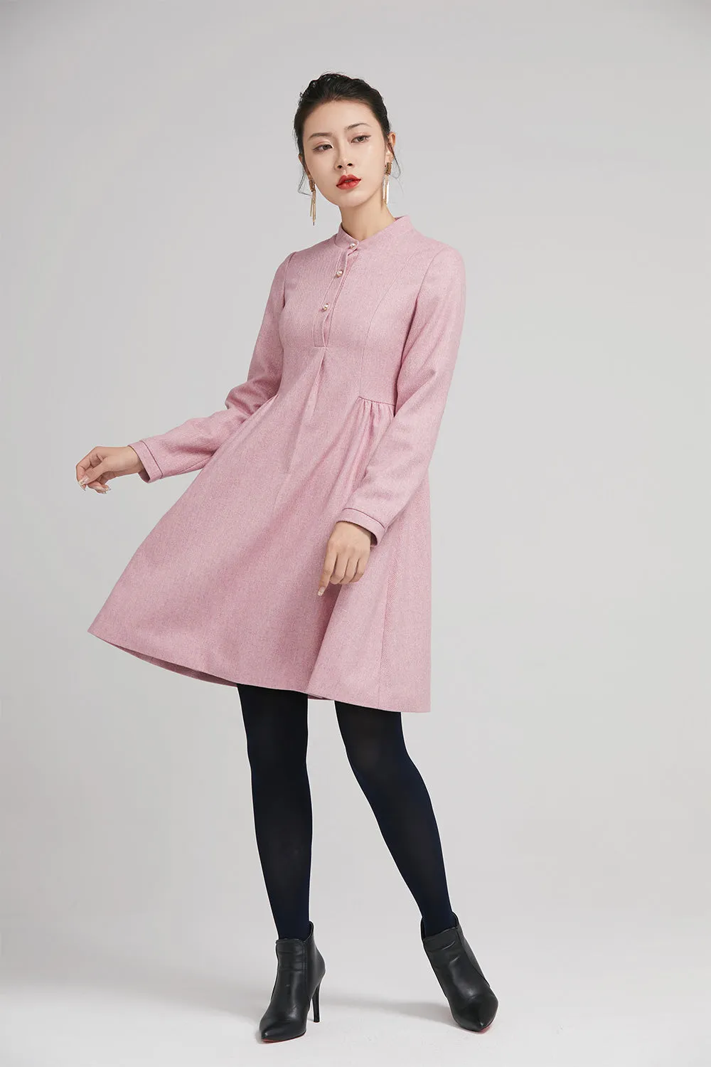 pink short wool winter dress with long sleeves and pockets 2240