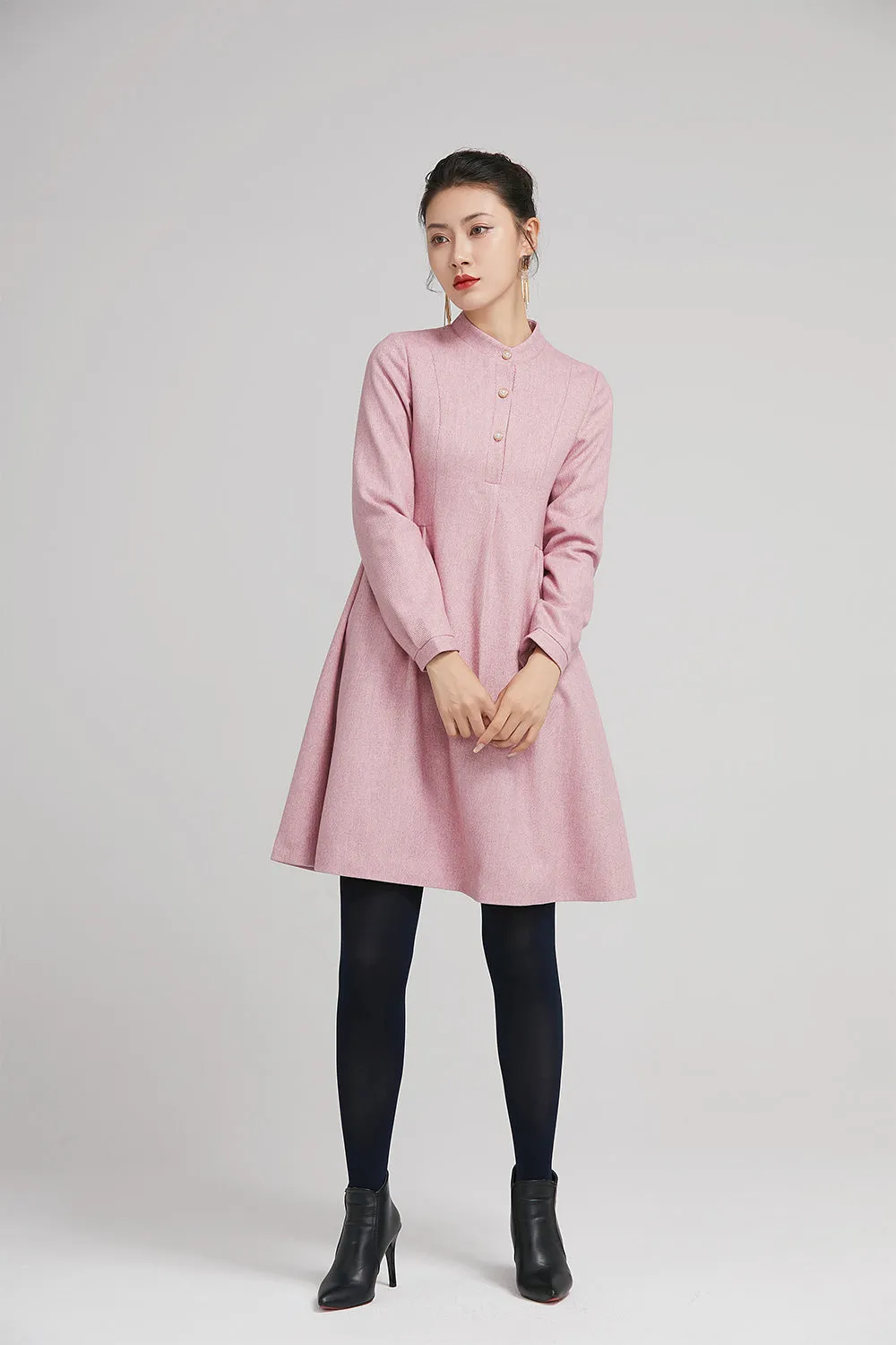 pink short wool winter dress with long sleeves and pockets 2240