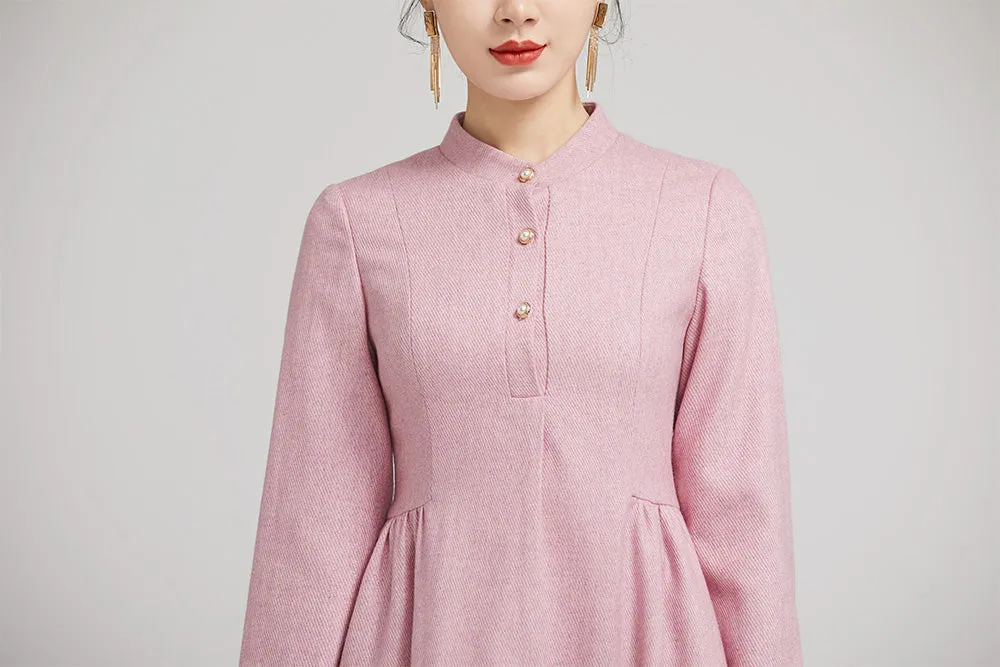 pink short wool winter dress with long sleeves and pockets 2240